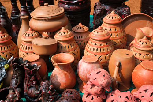 Preview: Street market exhibition of handmade pots, ceramic products, souvenirs. Udaipur, Rajasthan, India
