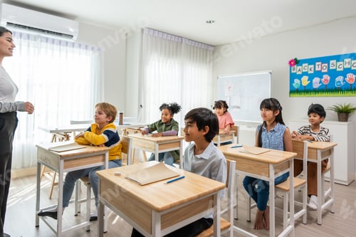 Preview: Group of student learn with teacher in classroom at elementary school.