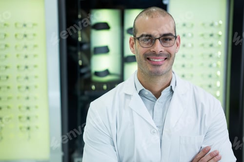 Preview: Smiling male optometrist donning lab coat in optical shop with lit display panels, eyeglass frames