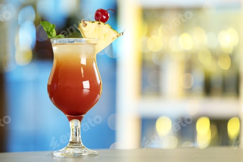 Preview: Fresh alcoholic cocktail with pineapple and mint on bar counter, space for text