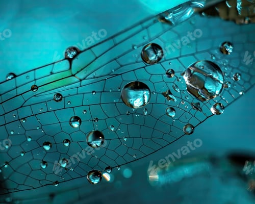 Preview: Background. Insect wing, dragonfly, macro, with dew drops on it , on a blue background