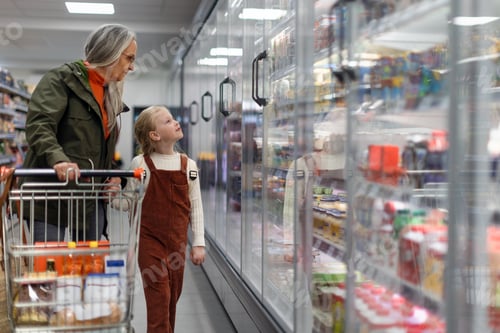 Preview: Grandmother with her granddaughter buying food in supermarket.
