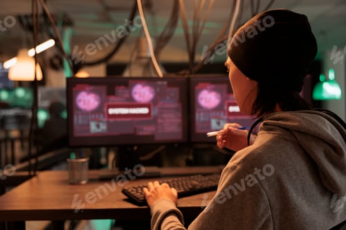 Preview: Male criminal reading system hacked alert on pc