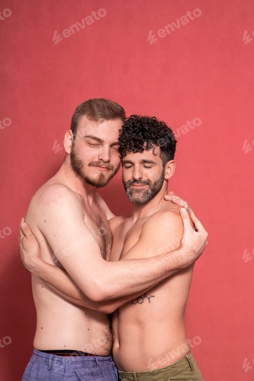 Preview: Two Men Shirtless Posing, Gay Couple With Eyes Closed, As Calm Concept. Photo-Shoot, Pink