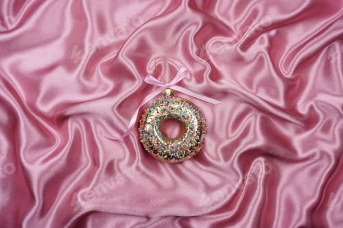 Preview: On a pink silk background there is a Christmas tree toy in the form of a sweet donut