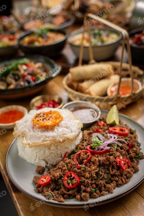 Preview: Pad Kra Pao Pork and Holy Basil Stir fry thai food meal on table at restaurant in thailand