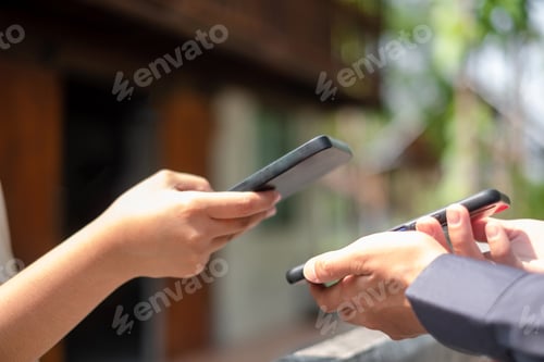 Preview: Customer using smartphones for payment cashless QR scan code technology on-screen in shopping. conce