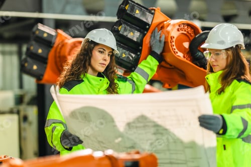 Preview: Engineer Reviewing Blueprint in Robotic Facility
