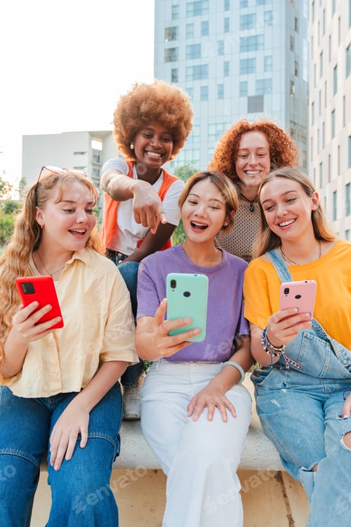 Preview: Vertical. Group of teenage girls using a mobilephone. Young women watching their smart phones