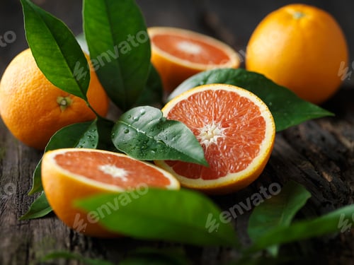 Preview: Fresh oranges sliced on a rustic wooden table