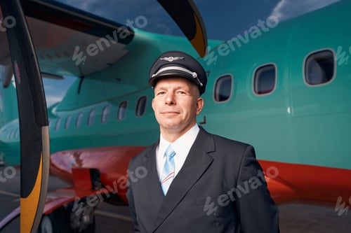 Preview: Pleased plane captain watching the camera outdoors