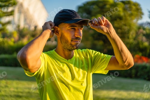 Preview: Portrait of Hispanic man in sportswear holding his cap in the park during sunset light.