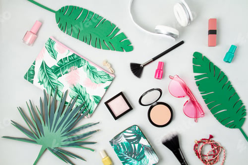 Preview: Woman fashion outfit and accessories, sunglasses, makeup and earphones. Beauty, urban outfit and