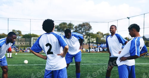 Preview: Athlete, people and stretching with fitness on soccer field for sports game, exercise and warm up c