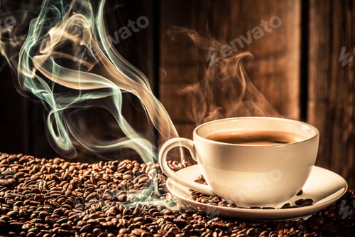 Preview: Taste coffee cup with roasted seeds on dark background