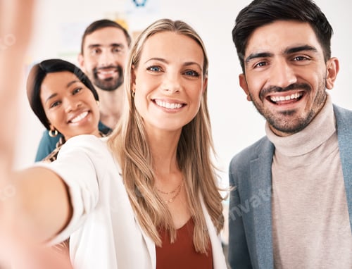 Preview: Happy, motivation and selfie with office team together for seminar or team building workshop. Busin