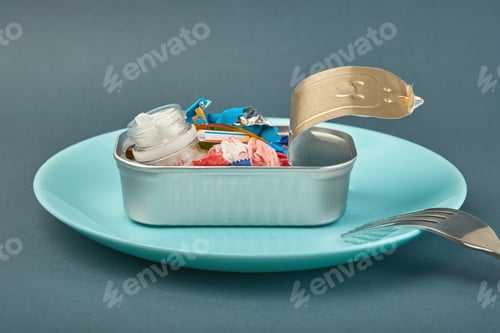 Preview: Open tin can on plate and fork. Plastic waste instead of fish. Ocean plastic pollution concept
