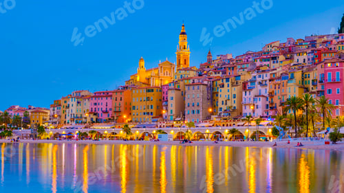 Preview: View on old part of Menton, Provence-Alpes-Cote d'Azur, France Europe during summer evening