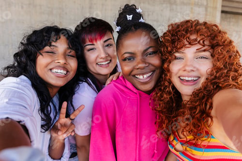 Preview: Diverse group, diversity, happily taking a selfie, s