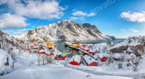 Preview: Awesome morning seascape of Norwegian sea and cityscape of Nusfjord village.