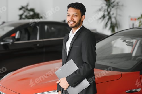 Preview: indian cheerful car salesman at showroom.