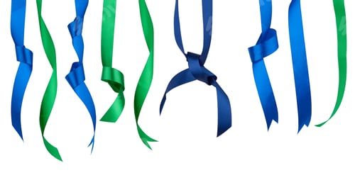 Preview: Set of twisted blue silk ribbon ends with knots isolated on white background