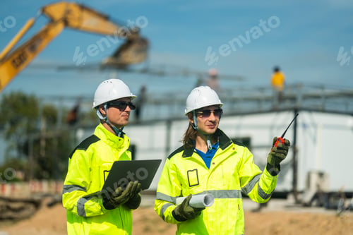 Preview: An engineer in visibility jacket and helmet working on construction site.