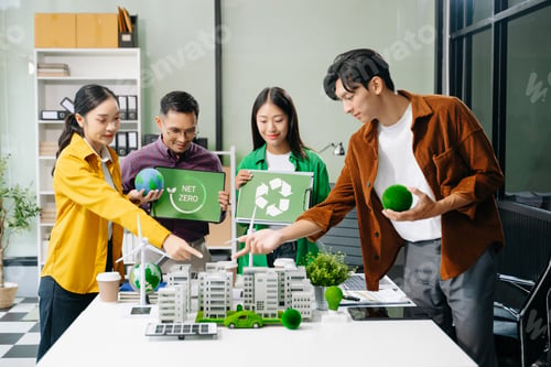 Preview: business team people planning and discussing on recycle reduce reuse policy symbol