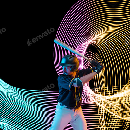 Preview: Creative sport and neon waves on dark neon lighted line background