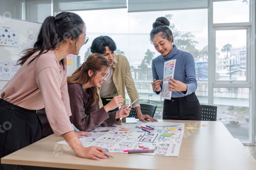 Preview: Asian office team brainstorming, plan for solution idea, Group of asia creative teamwork and woman