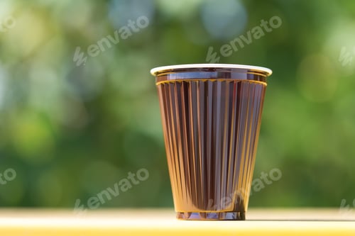 Preview: Brown plastic cup with cappuccino coffee.