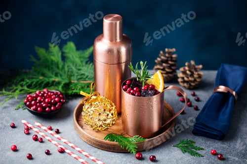 Preview: Moscow Mule Cocktail Set, Christmas and New Year Holiday Drink. Close up.
