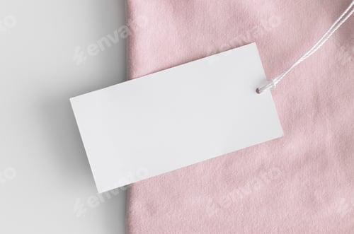 Preview: White clothing tag mockup on a soft pink t-shirt.