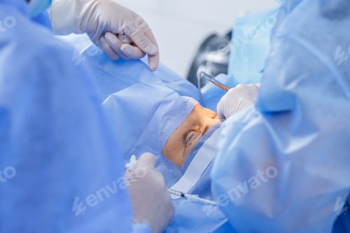 Preview: Blepharoplasty suturing under local anesthesia in a sterile operating room