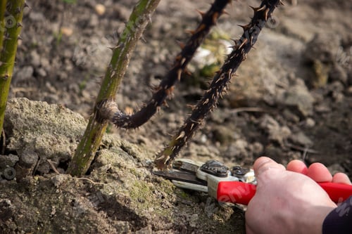 Preview: a farmer cuts dry branches of a rose bush.