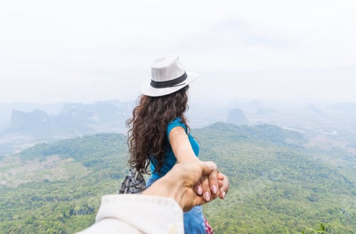 Preview: Man Hold Woman Hand, Tourist Couple With Backpack On Mountain Top Back Rear View Enjoy Beautiful