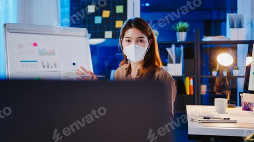 Preview: Asia businesswoman wear face mask presentation to colleague about plan in video call