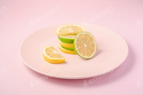 Preview: Fresh tasty lemon and lime citrus fruits slices on pink background