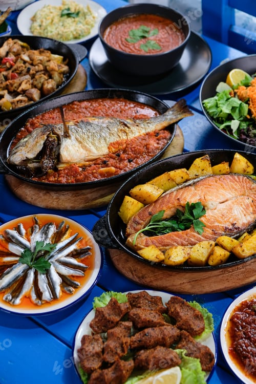 Preview: A collection of fish dishes,Çiğ Köfte, and various appetizers