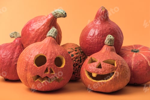 Preview: traditional Halloween pumpkins on orange background