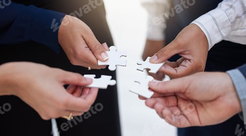 Preview: Team, hands and puzzle for teamwork, solution and integration, synergy and collaboration. Hand, bus