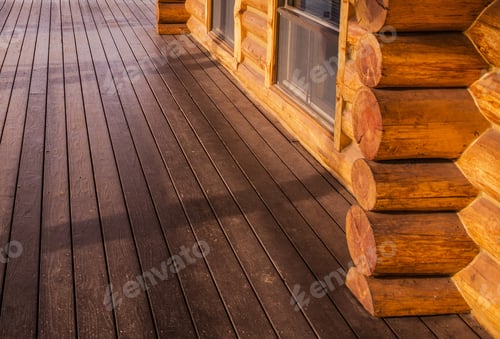 Preview: Log Home Cabin and Wooden Porch Floor Close Up
