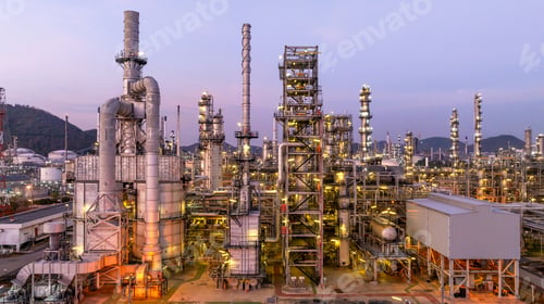 Preview: Aerial view oil and gas industrial refinery at twilight, Oil refinery and Petrochemical plant