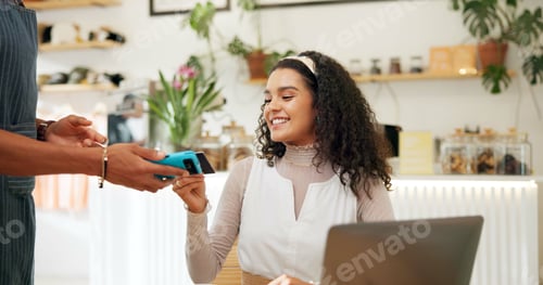 Preview: Customer, machine and cellphone with woman, pos and transaction with internet, restaurant and lapto
