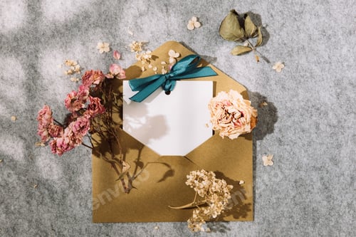 Preview: Invitation or greeting card mockup with envelope, dry rose flowers. Blank card mockup