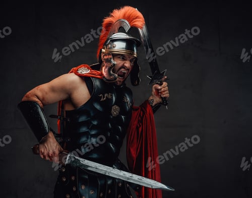 Preview: Screaming and savage roman warrior with swords and armour