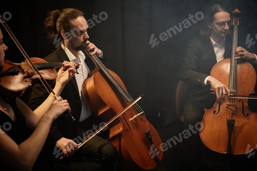 Preview: Orchestra Musicians Playing String Instruments on Black Background