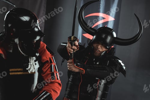 Preview: samurai in traditional armor fighting with katana swords