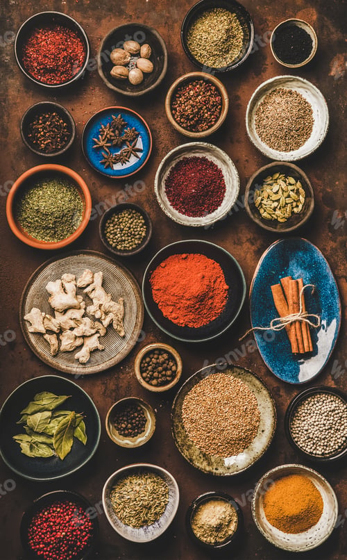 Preview: Flat-lay of various spices in bowls over rusty background