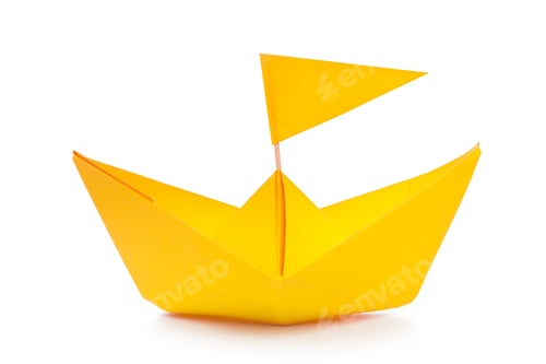 Preview: Bright yellow paper boat floats on white background with small flag on top